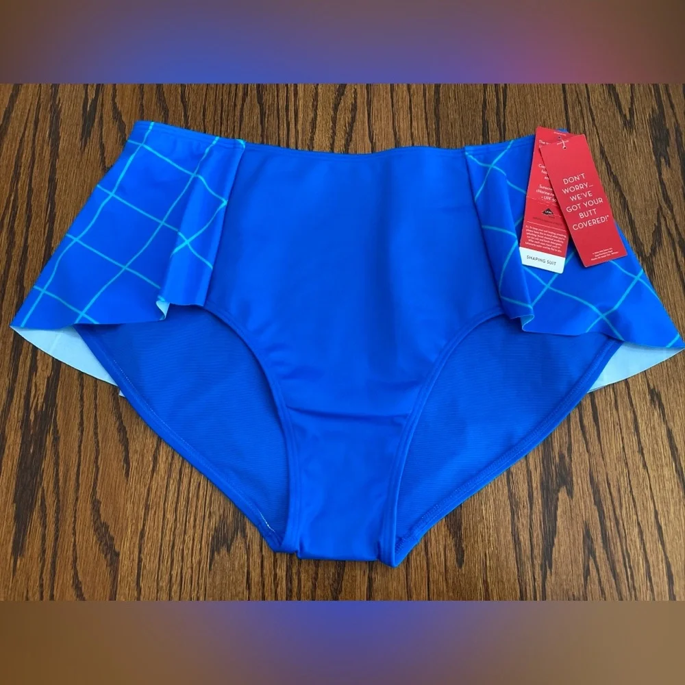 Spanx Flirty Skirted Swim Bottom Electric Blue Geo Bikini 12 NWT